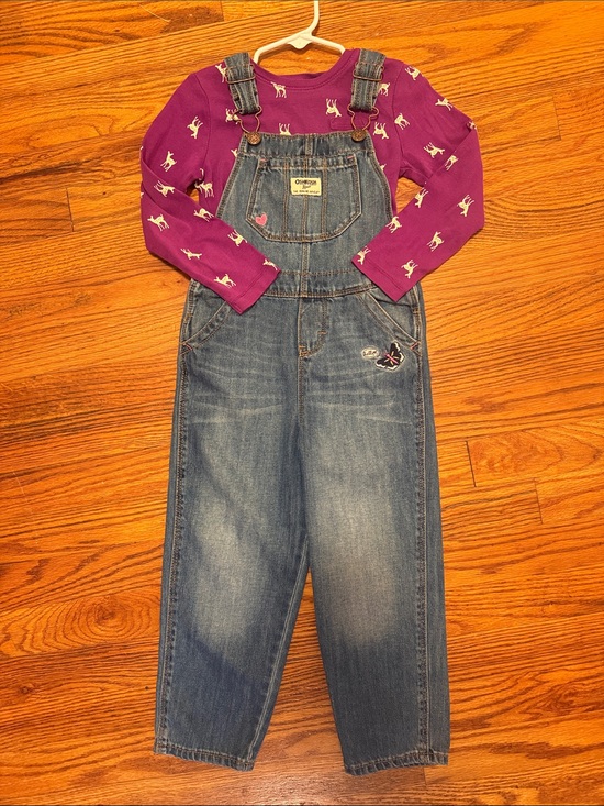 OshKosh B'gosh Other - OshKosh B'gosh Girls' Purple Long-Sleeve Deer Tee and Denim Overalls Set
